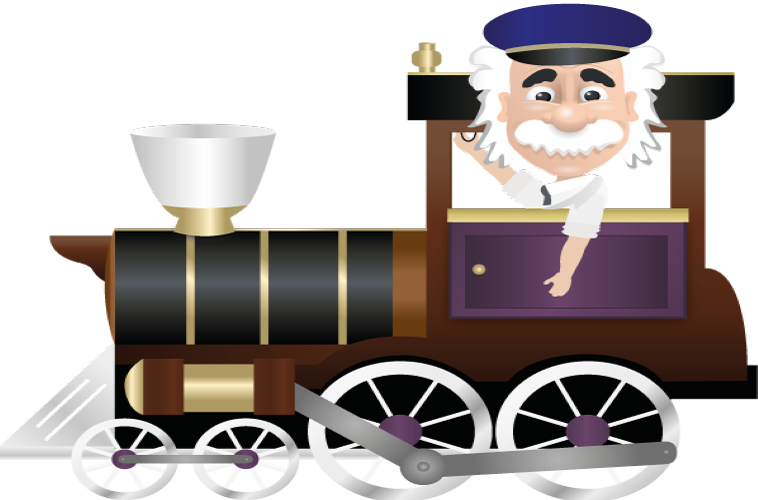 A cartoon Albert Einstein riding a train.